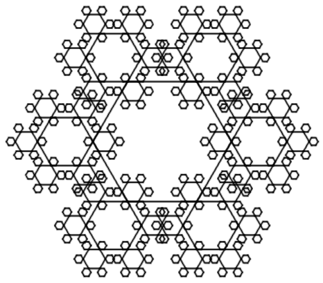 A hexagon with edges of length 100.  At each vertex, there is a smaller hexagon whose edges are of length 40.  At each vertex, there is a smaller hexagon whose edges are of length 16.  And at each vertex, there is an even smaller pentaon whose edges are of length 6.4.  The small hexagons often overlap with each other.