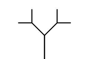 A straight line going upward from the bottom of the image.  Two lines branch out, one at -45 degrees and one at 45 degrees.  Two lines branch out from each of those two lines