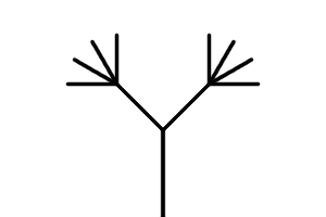 A straight line going upward from the bottom of the image.  Two lines branch out, one at -45 degrees and one at 45 degrees.  Four lines then branch out from each of those three lines