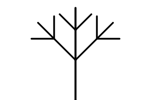 A straight line going upward from the bottom of the image.  Three lines branch out, one at -45 degrees, one at 0 degrees, and one at 45 degrees.  Three lines then branch out from each of those three lines