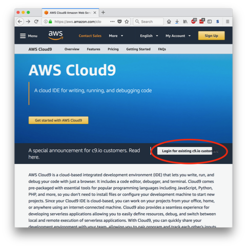 A Web page for AWS CLoud 9.  The button labeled "Login for existing c9.io users" is circled