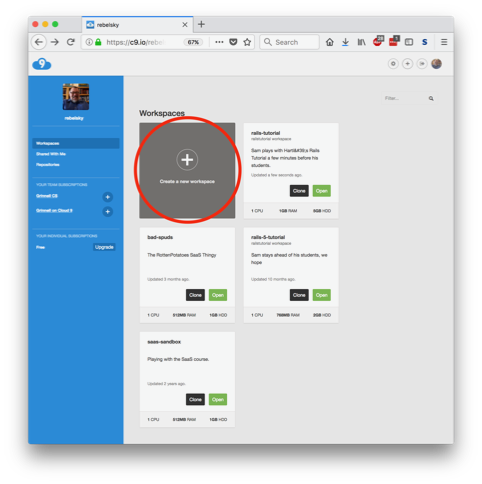 A Web page with a bunch of boxes.  A grey box with a plus sign that says "Create a new workspace" is circled.