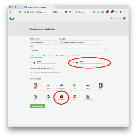 A Web page entitled "Create a new workspace.  A radio button labeled "Public" is circled, as is a picture button labeled "Rails Tutorial"