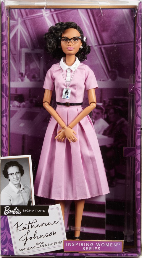 The Katherine Johnson barbie doll in a box.  At the lower-left-hand corner, it says 'Barbie Signature Katherine Johnson NASA Mathematician & Physicist'.