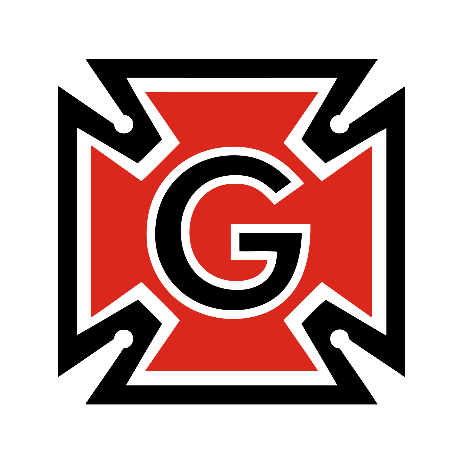 A black iron cross shape with a red iron cross shape within it and the letter G within that.