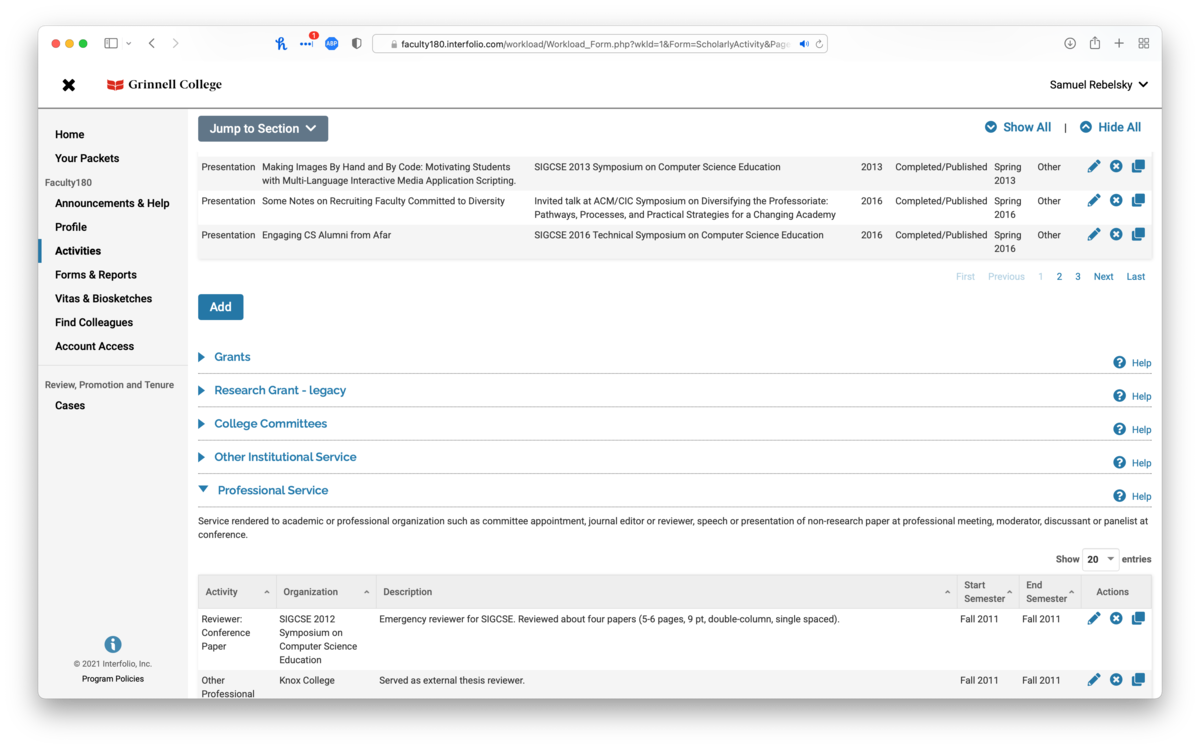 A screen shot of an Interfolio page.  In a list of publications near the top, we see 'First Previous 1 2 3 Next Last'.  Below that is a big 'Add' button.  There are closed sections for  'Grants', 'Research Grant: Legacy', 'College Committees', and 'Other Institutional Service'.  Then there's another open list of 'Professional Service'.  That appears to be structured similarly to the paged list above.