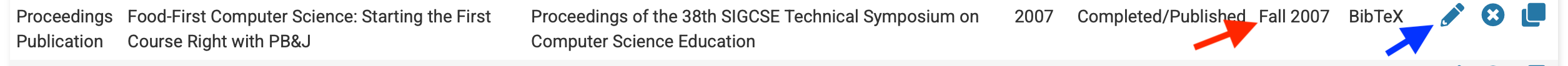 An Interfolio entry for a paper.  A red arrow points
to 'Fall 2007', which is the incorrect semester.  A blue
arrow points to a pencil icon.