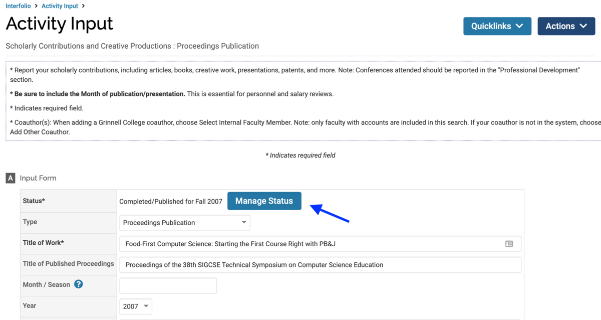 The top of an Interfolio edit page for a paper.  A blue arrow
points to a large 'Manage Status' button.