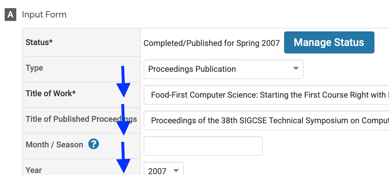 A section of the Interfolio publication edit page.
A sequence of arrows points downward.