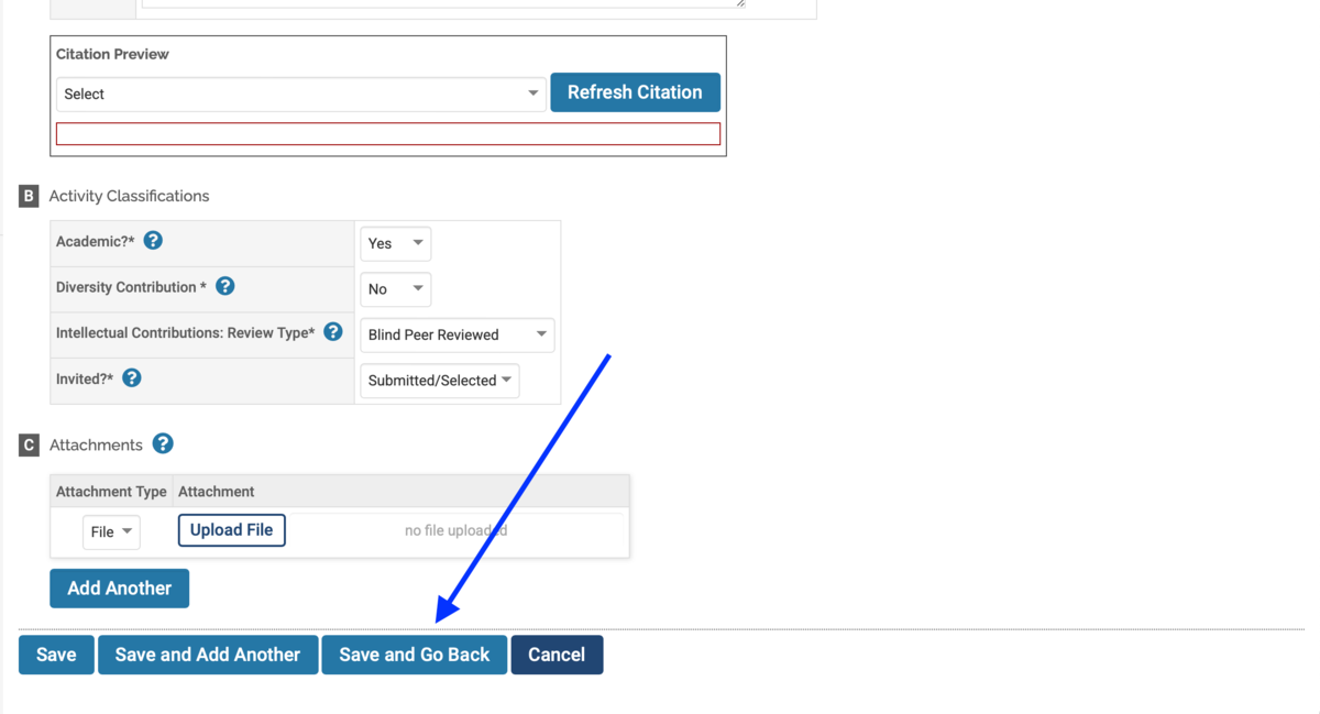 The bottom of an Interfolio edit page for a paper.  A blue arrow
points to a large 'Save and Go Back' button.