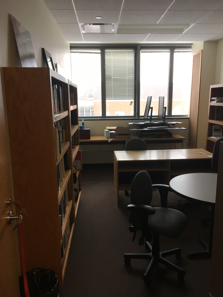 Two wooden bookshelves against a wall.  Other aspects of the office are visible in the picture.