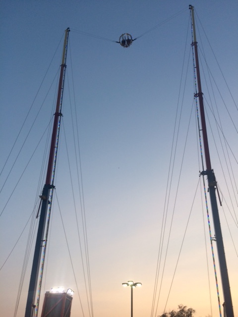 A small spherical cage suspended by two
wires, high in the sky